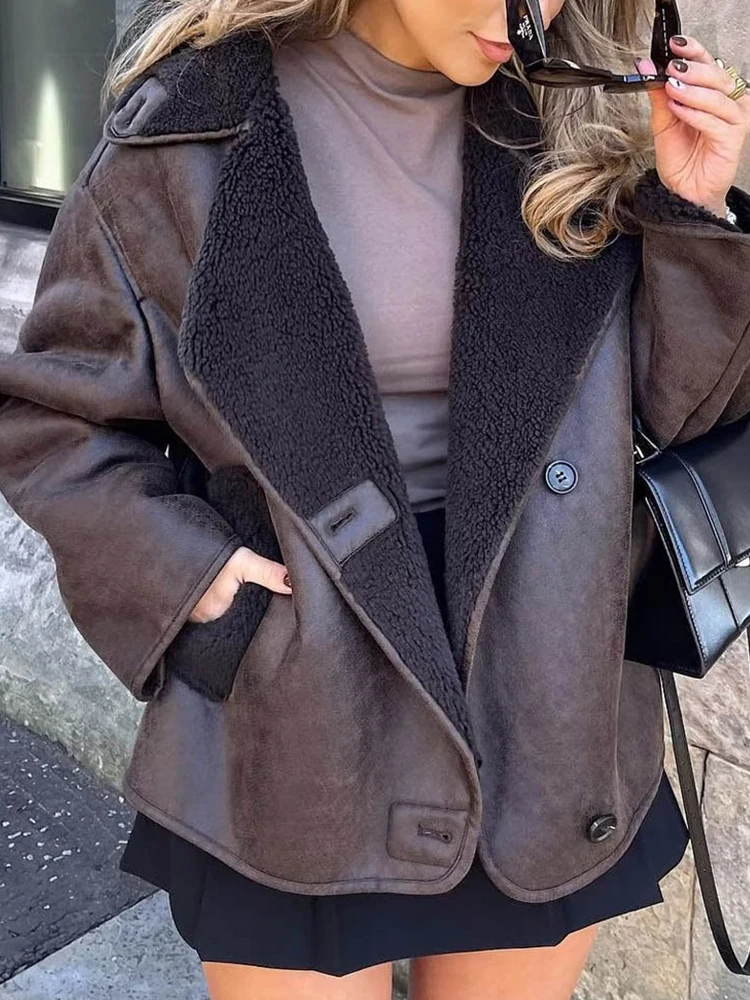 Ailegogo New Streetwear Women Retro Faux Lamb Leather Fur Jacket Autumn Winter Female Single Breasted Thick Warm Coat Outwear