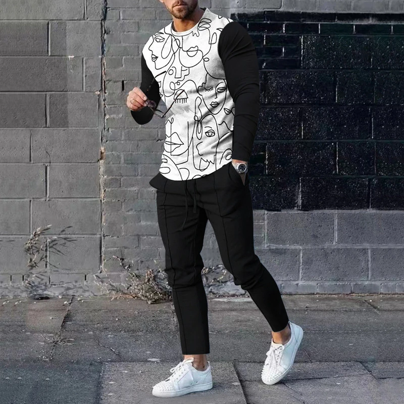 

Весенние мужские спортивные костюмы, модная футболка, топ с длинным рукавом + брюки, комплекты из 2 предметов, спортивная одежда с принтом, свободные наряды, пуловер оверсайз