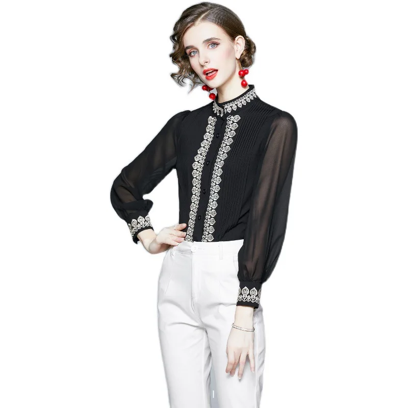 

Original Brand Fashion Luxury Women's Chiffon White Shirt Design Lace Carved Long Sleeve Top Women Tops Camisas Mujer