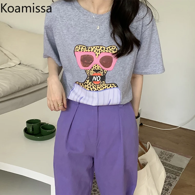

Koamissa Cartoon Women Print Tshirt Summer Solid High Waist Straight Pant Casual Loose Two Pieces Set Kawaii Outfits Daily Suit