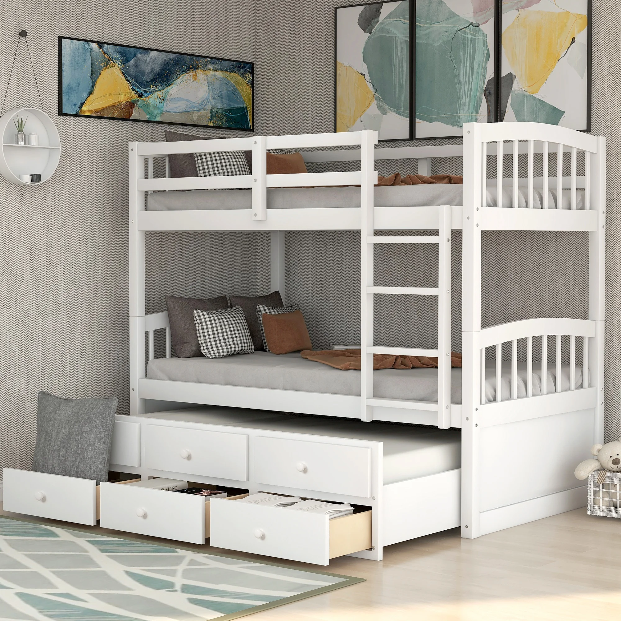 

Home Modern Minimalist Wooden Bedroom Furniture Beds Frames Bases Twin Bunk Bed Ladder Safety Rail Trundle Bed 3 Drawers White