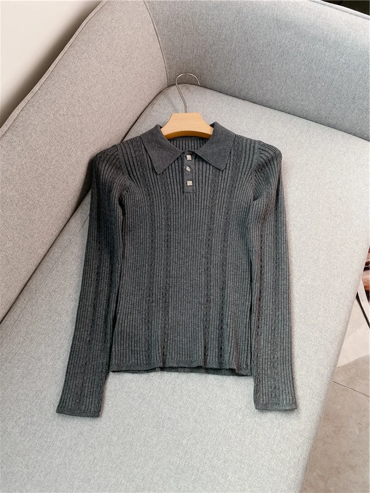 

2023 Lapel Button Knit Pullover In Autumn and Winter New Commuting Slim High Waist Slim Sweater Women High Quality Free Freight