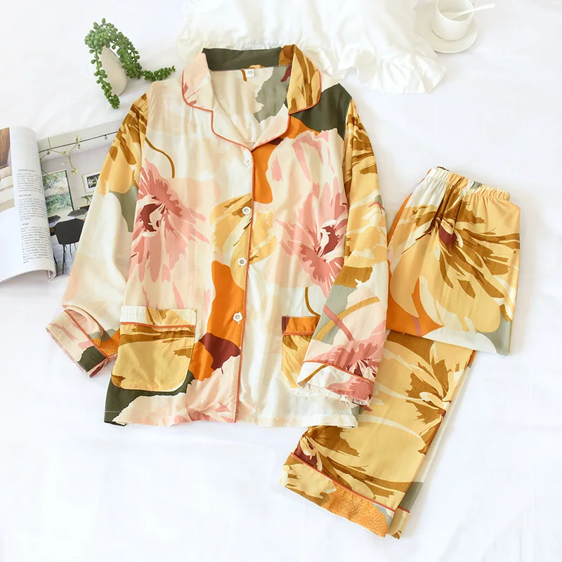 Women Cotton Silk Pajamas Set Spring Summer Long Sleeve Sleep Top Thin Nightgown Leisure Tracksuit Two Piece Set Korean Fashion