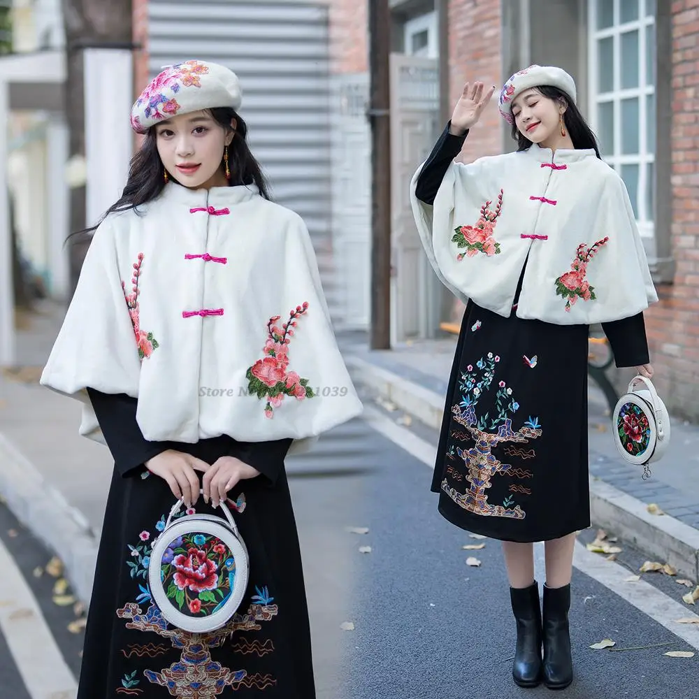 

2022 elegant flower embroidery faux fur shawls wraps women shrug cloak winter coat wedding party retro jacket cape cover up