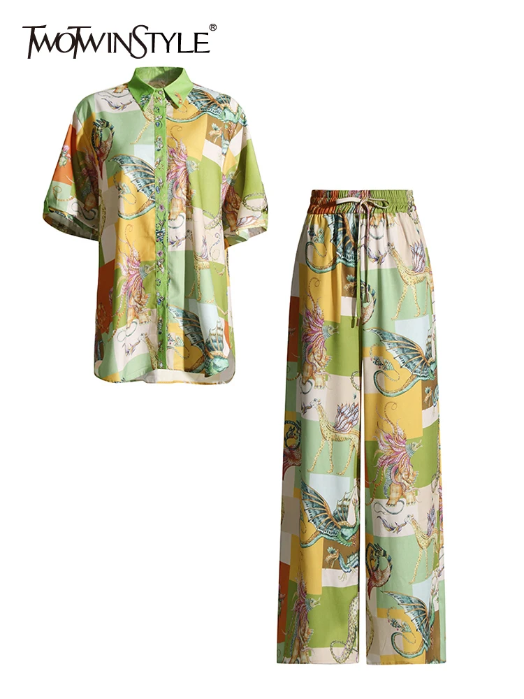 

TWOTWINSTYLE Casual Printing Two Piece Sets For Women Lapel Half Sleeve Shirts High Waist Wide Leg Pant Loose Set Female Clothes