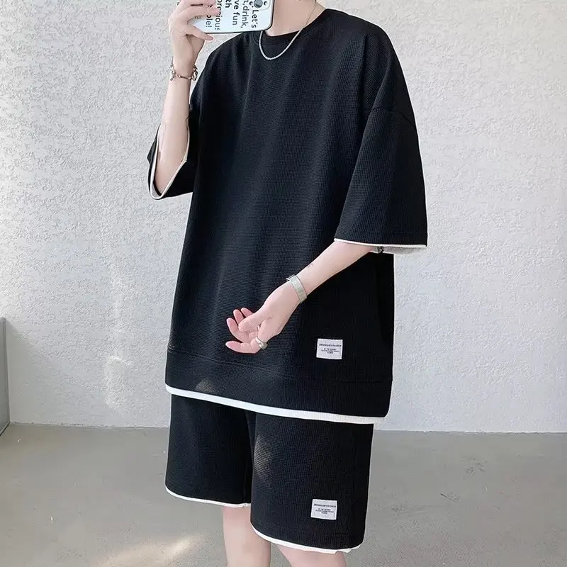 Summer Men Waffle 2 Sets Half Sleeve T-Shirt and Shorts Fashion Casual Sports Suit Fake Two Loose T Shirts High Street Clothes
