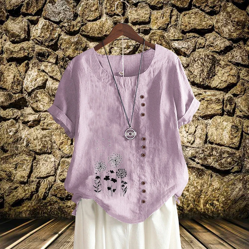 

2022 New Trendy Summer Women Cotton Linen Blouse Leisure Flower Printed Loose Tops Round Neck Solid Short Sleeve Shirts XS-5XL