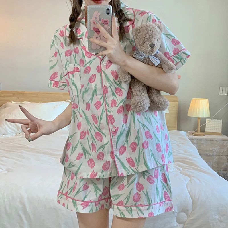 CAIYIER New Summer Stripe Women Sweet Pajamas Set Silk Short Sleeve Leisure Sleepwear Korean Girls Breathable Nightwear Homewear