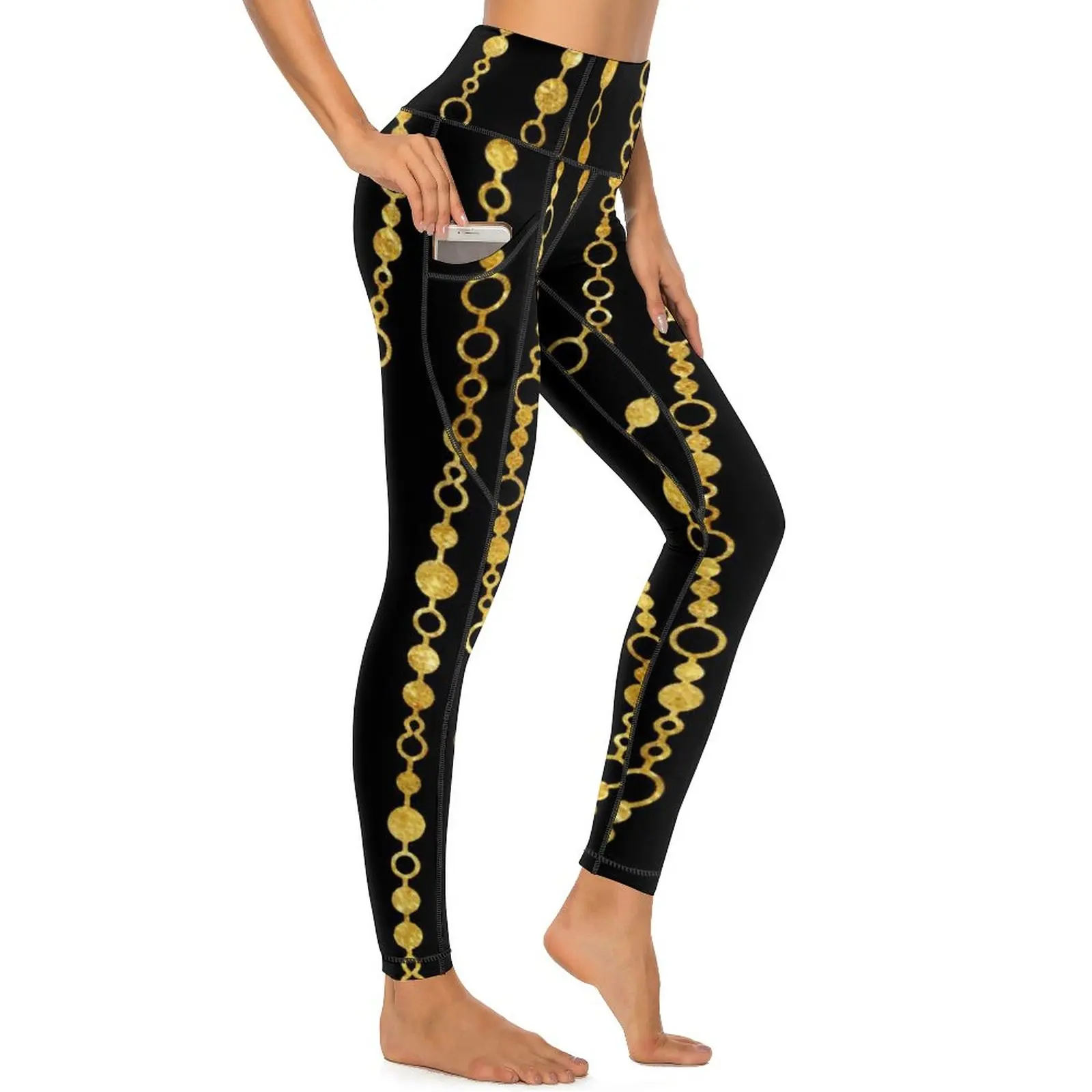 

Gold Chains Leggings Golden Stripes Print Workout Yoga Pants Women Push Up Elegant Leggins Sexy Stretchy Pattern Sport Legging