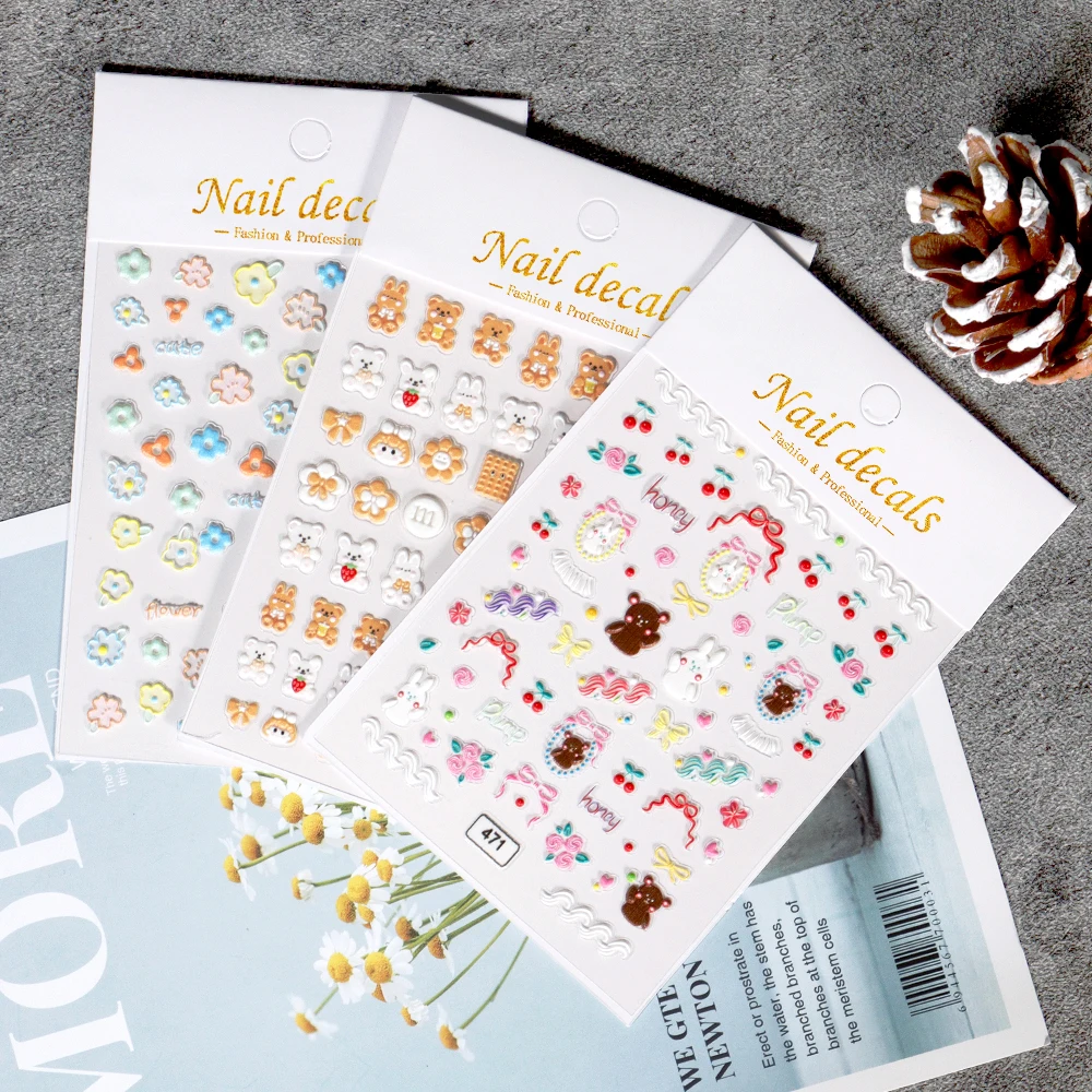 

Наклейки для дизайна ногтей с цветами, наклейки 5D, милые животные, медведь, рельефные наклейки для ногтей, вишневый кролик, самоклеящиеся ма...
