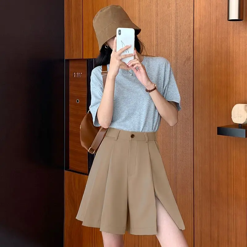 2023 Shorts Women Wide Leg Casual Side Slit Baggy High Waist Solid All-match Spring Design Trousers Aesthetic Fashion New W30
