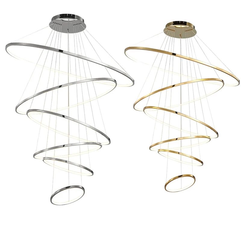 

Большая Потолочная люстра с серебряным кольцом, современные подвесные светильники для лестницы 2023, золотые люстры, лампы для украшения гостиной