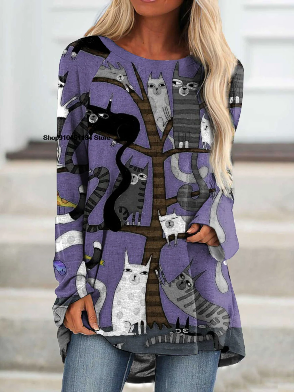 

New Fashion Womens Elegant Loose Pullover T Shirt Long Sleeve Female O-Neck Tops Cat print On Tree O-neck Casual Tees S-5XL