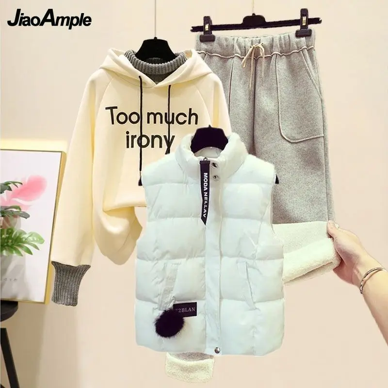 

Women's Winter Warm Suit 2022 New Korean Fashion Loose Plush Fake Two-piece Sweater Hoodie+Vest+Woolen Trousers Three-piece Set