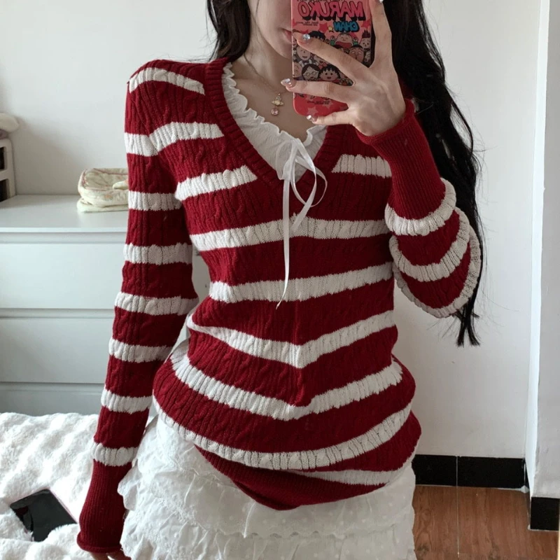 Deeptown милый полосатый свитер женский элегантный красный вязаный пуловер