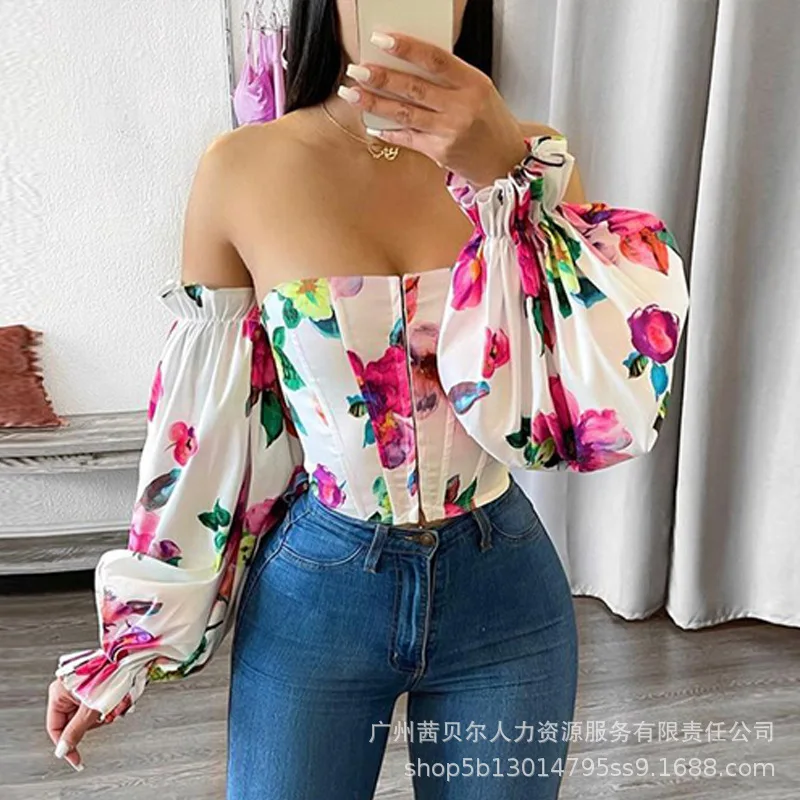 

Women Spring Summer Slash Neck Blosue Top Long Sleeve Floral Flower Printed Sexy Y2K Strapless Blouses Tops