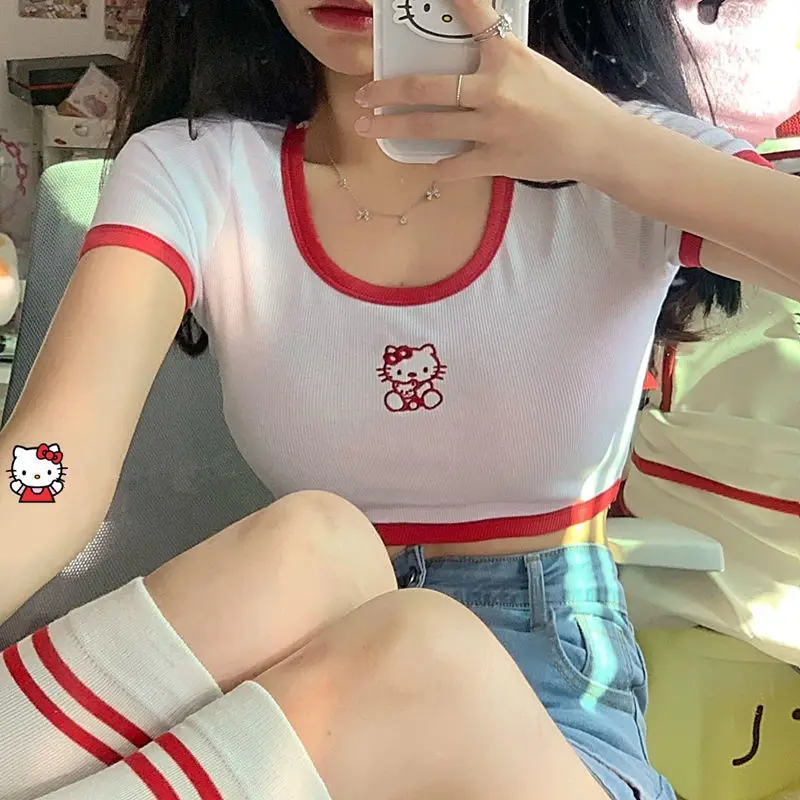 

Sanrio Hello Kitty Kawaii Summer Japanese Soft Girl Short-Sleeved T-Shirt Daily All-Match Student Sweet Short Slim Top Female