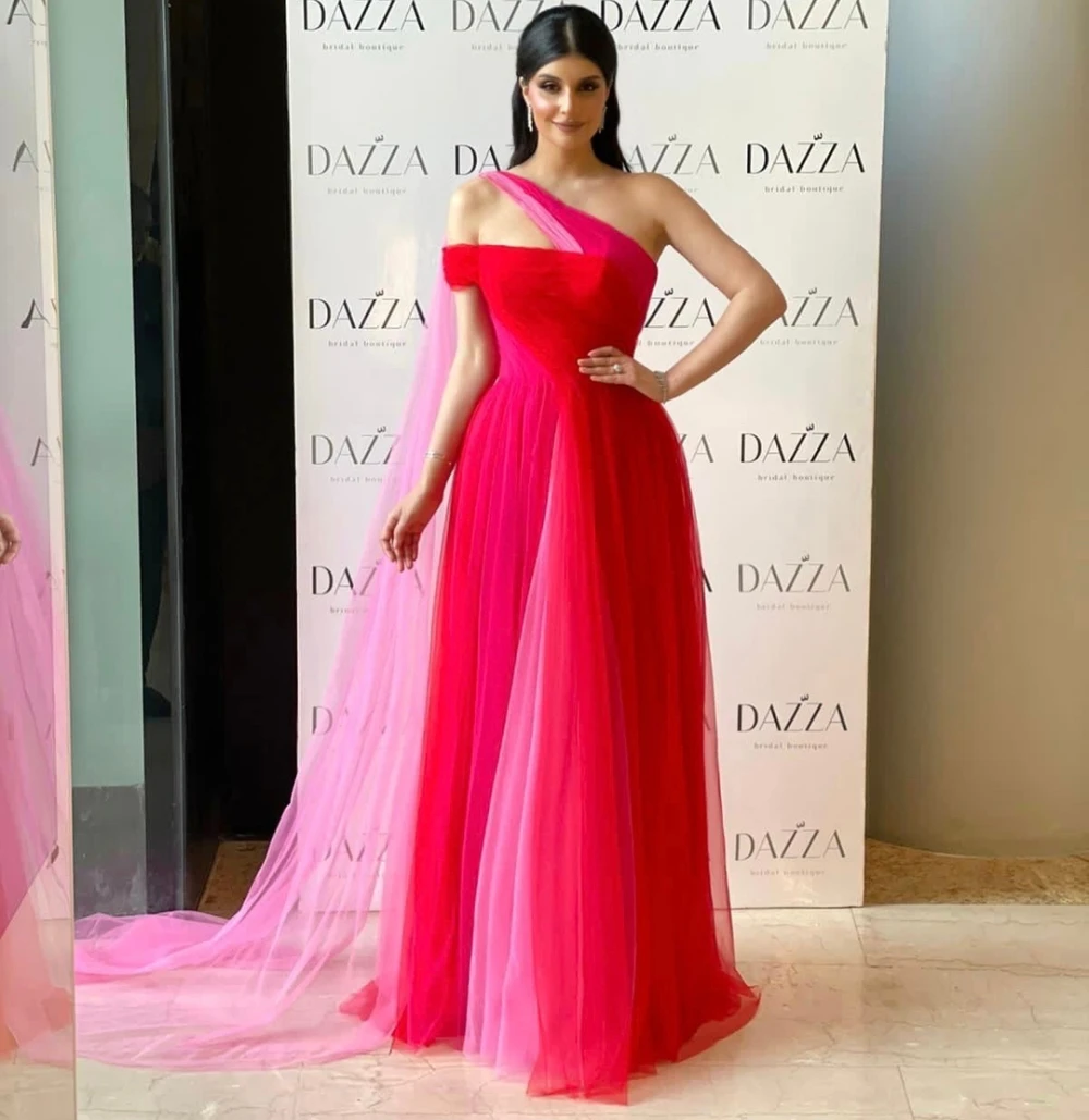 

Carolina One Shoulder Saudi Arabic Prom Dresses Floor Length Sleeveless Tulle A-Line Formal Red Women Evening Party Dress