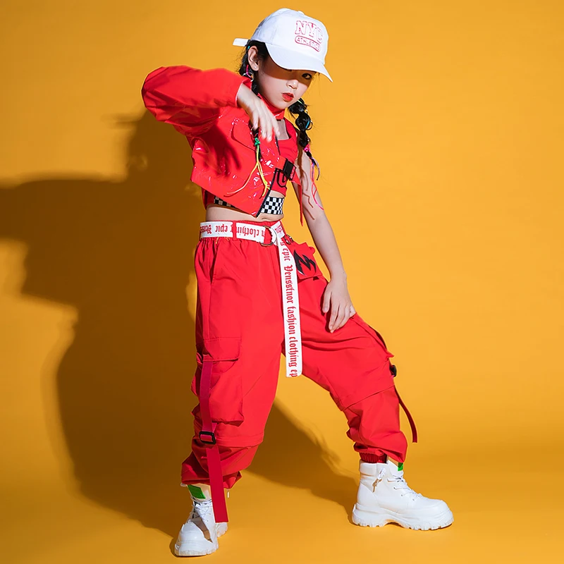 

Kids Hip Hop Clothing Red Single-sleeved Tops Vest Casual Pants Jazz Street Dance Costume Performance Hip Hop Clothes For Girls