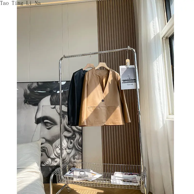 2023 Women New Genuine Sheep Leather Suit V-neck Real Sheepskin Leather Jacket W24