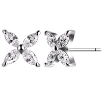 new cute silver plated four leaf clover stud earrings for women shine white cz stone inlay fashion jewelry delicate party gift