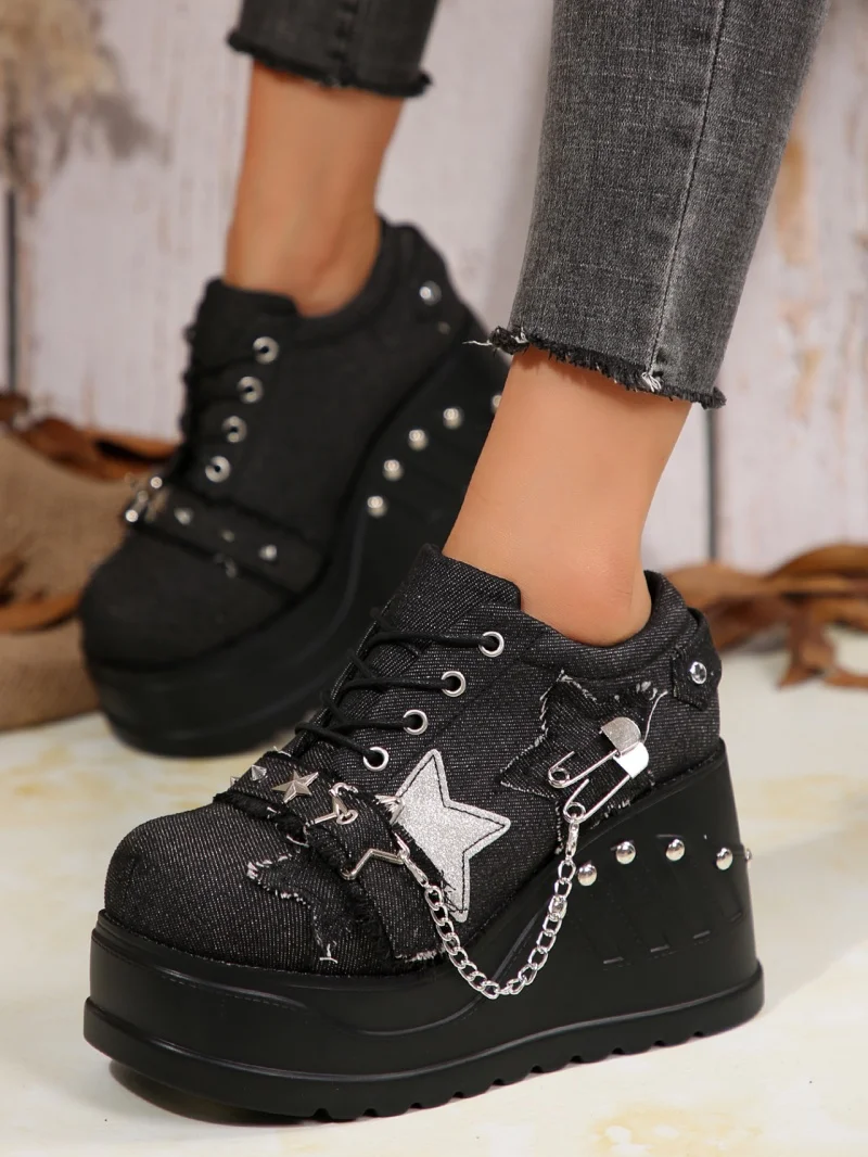 Новые джинсовые туфли на толстой подошве с высокой посадкой шнуровке большие