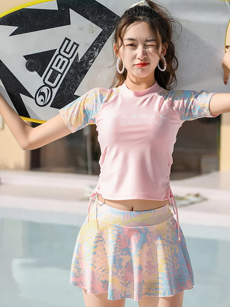 New Sports Split Swimwear Ladies Korea Conservative Slim Swimsuit Women Black Long Sleeve Cover Belly Korean |