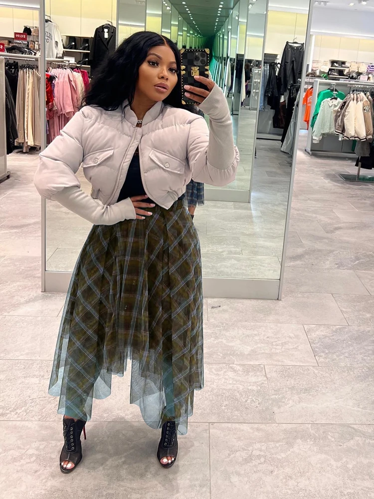 

HAOYUAN Gingham Mesh Irregular Skirts Plaid High Waist Long Maxi Skirt for Women Rave Outfit Bottoms Fall Winter Fashion Clothes