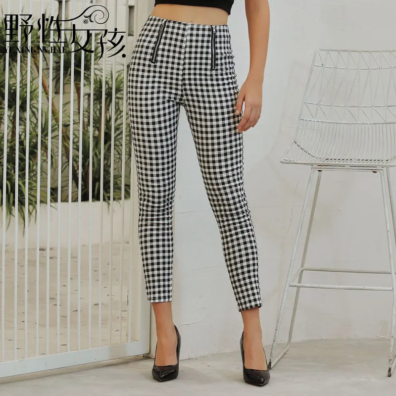 

Женские черно-белые клетчатые облегающие брюки с высокой талией Y2K, повседневная женская одежда, винтажная уличная одежда
