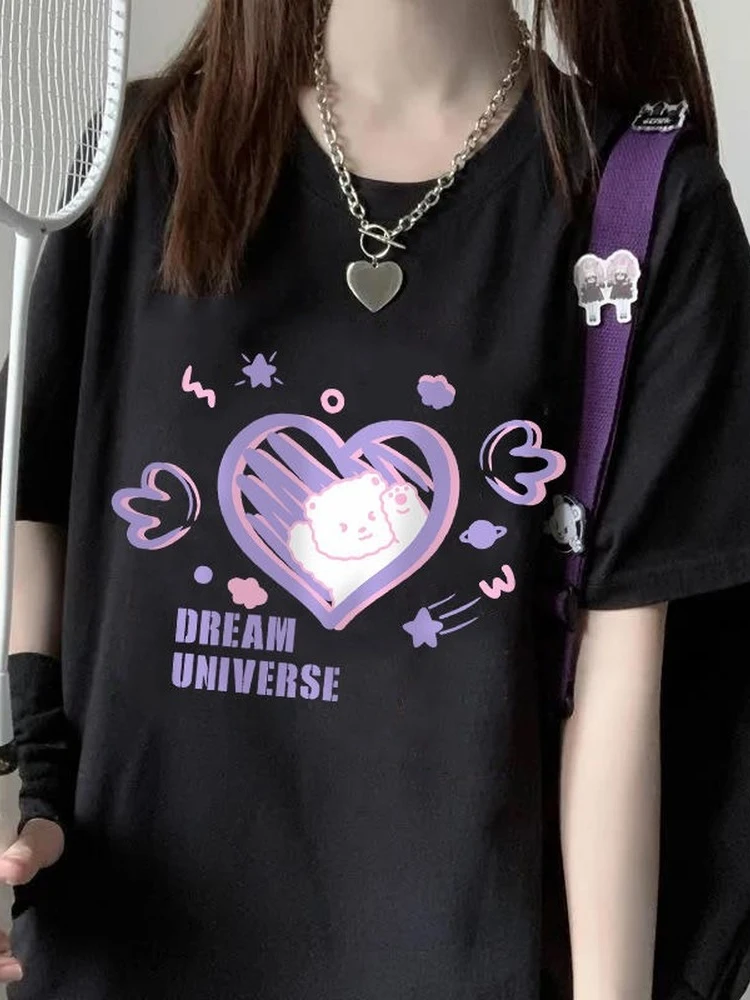 

Женские футболки с графическим принтом в стиле Харадзюку, корейские модные милые футболки с мультяшным принтом, топы с коротким рукавом, ле...