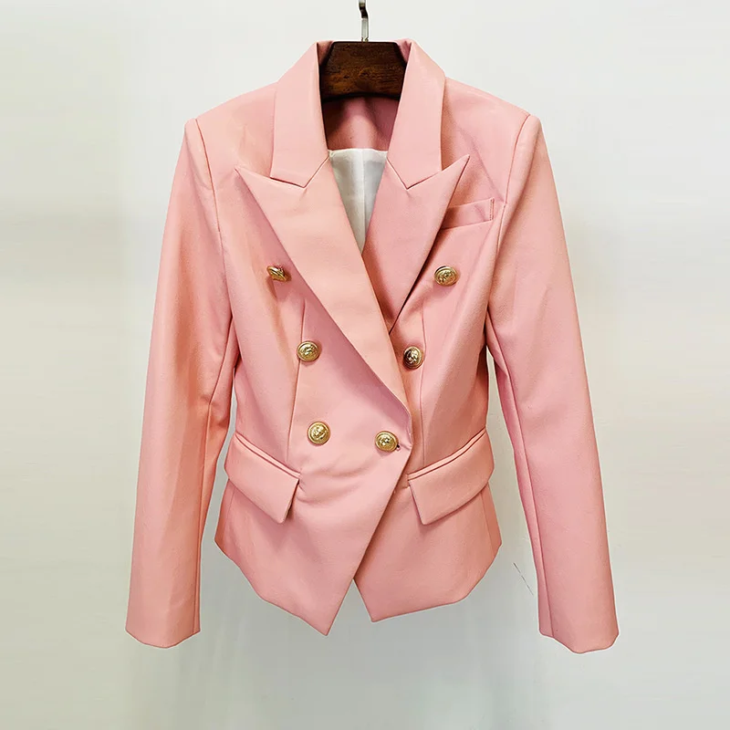 New Pink PU Leather Jackets Women 2022 Fall Winter Synthetic Leather Lion Head Metal Button Double Breasted Jacket Blazer