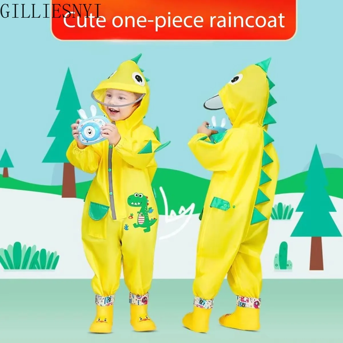 

New Children Raincoat Kids Boys Girls Waterproof Jumpsuit Hooded One-Piece Cartoon Dinosaur Baby High Quality Rainwear and Pants