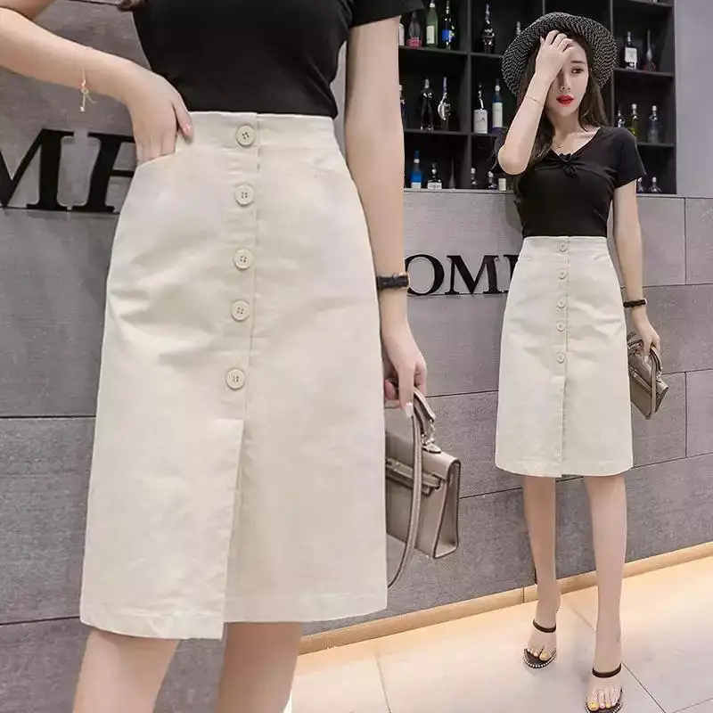 

Casual Fashion Black Skirts Women Summer Elastic High Waist Single-Breasted A-line Office Ladies Elegant Slim Split Midi Skirts