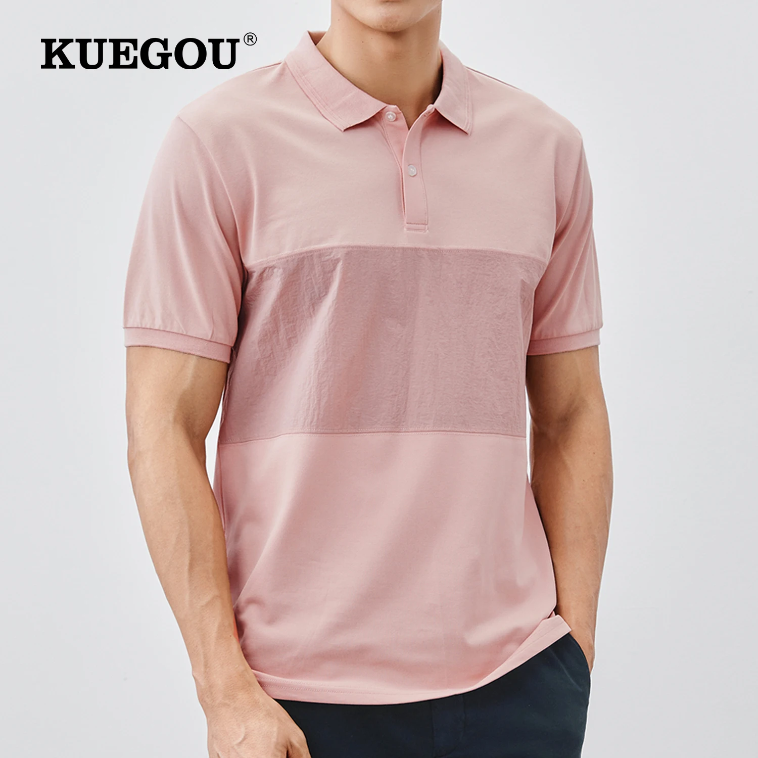 

KUEGOU 2022 Summer New Men's Polo Shirts Short Sleeves Slim Cotton Blended Clothing Patchwork Top Pink Plus Size 90045