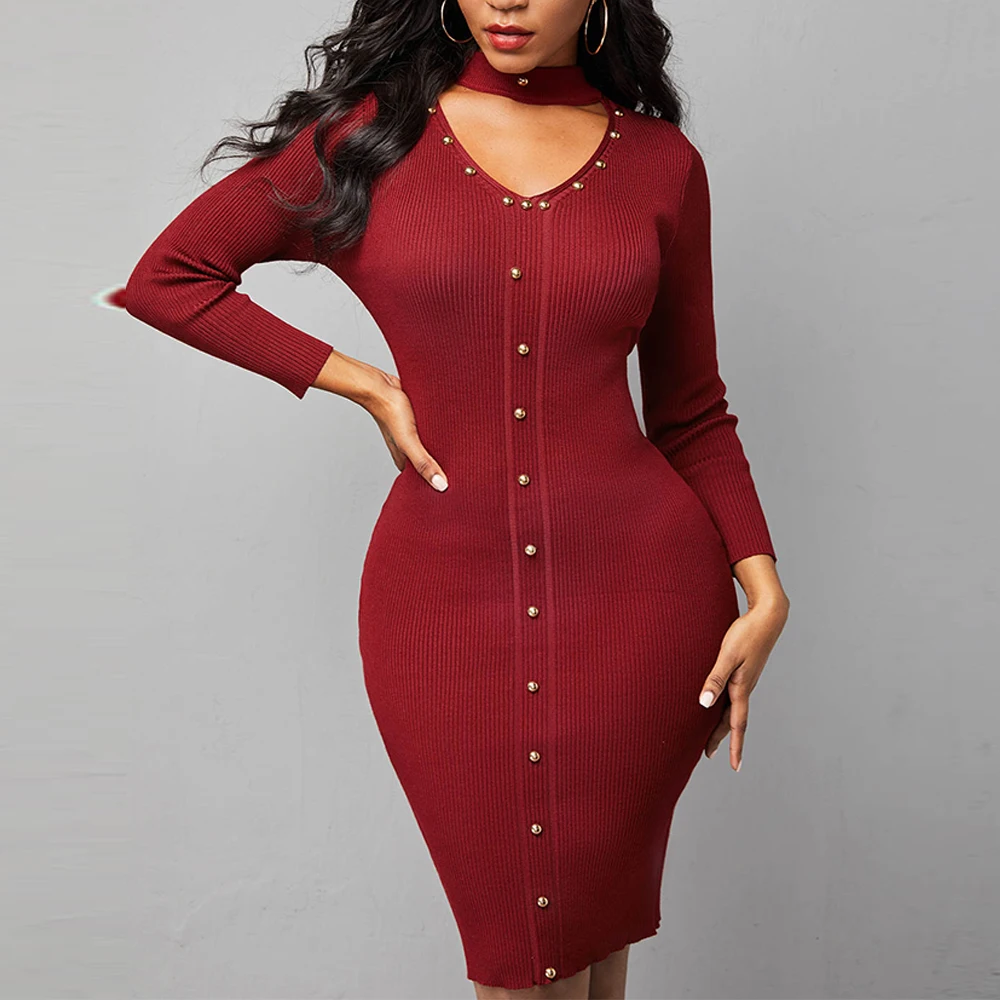 

OTEN Autumn Solid Color Ribbed Knitted Hollow Out Dress Women Buttons Long Sleeve Bodycon Midi Dresses Vestido De Punto Mujer