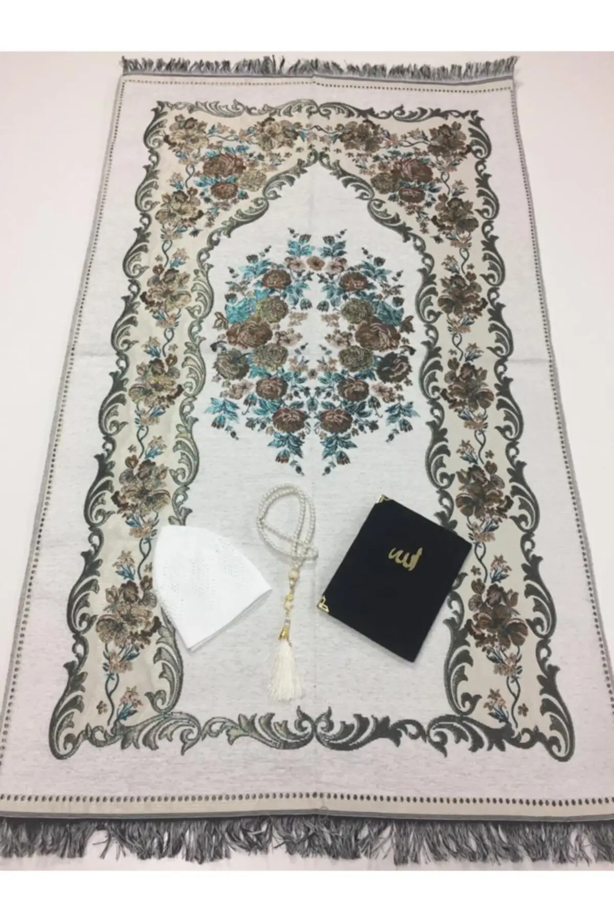 

Cream Rose Seccade Skim Pearl Rosary Velvet Yasin Set Beige 70x110 Floral Carpet & Rug Mat Home Furniture