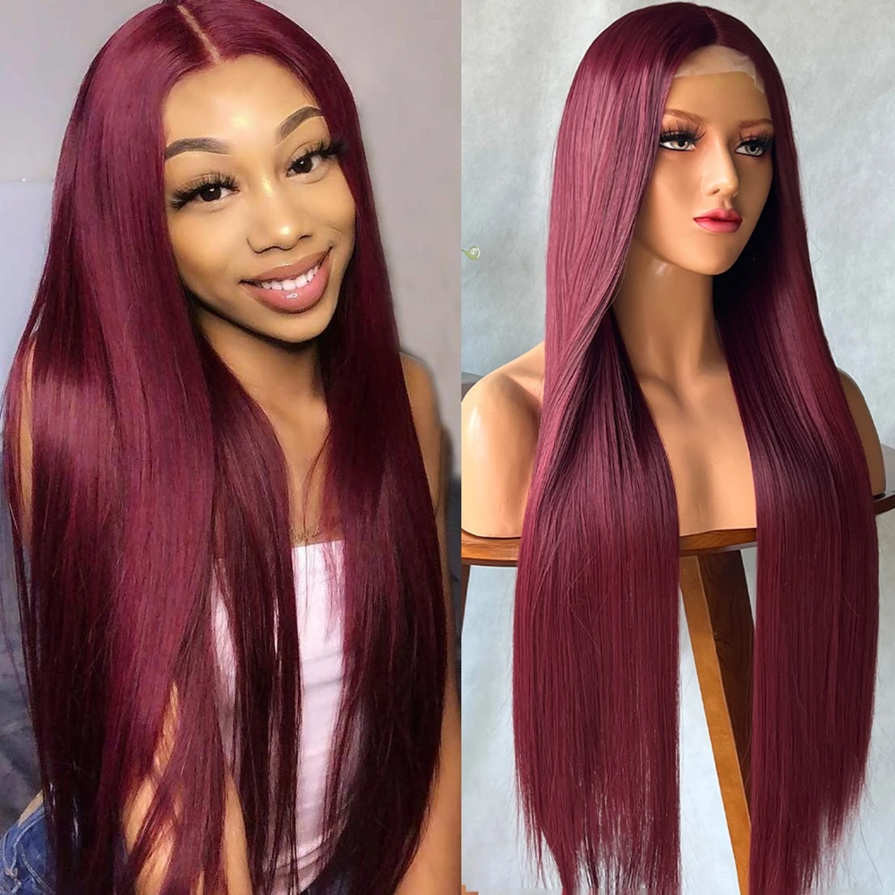 

Парик средней части бордового цвета с эффектом омбре, 99J, длинные прямые синтетические парики со шнуровкой спереди для черных женщин, натура...