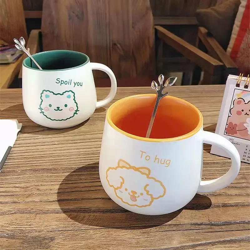 

Creative Cartoon Simple Ceramic Mug Home Office Coffee Breakfast Cup Nordic Cute Color Student Beautiful With Spoon Tea Mugs