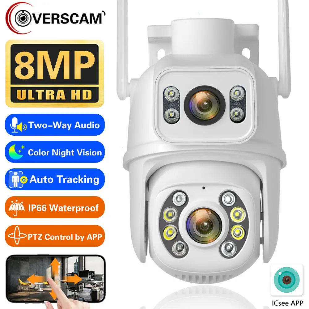 

4K HD Wireless CCTV Security Cameras Dual Lens Outdoor Auto Tracking Wfii PTZ Surveillance Camera ICSEE Two Way Audio IP Cam 8MP