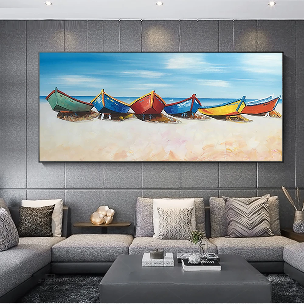 

Hand Painted Canvas Oil Painting Colour Boats On The Beach Oil Painting For Living Room Salon Decoration Modern Wall Art Picture
