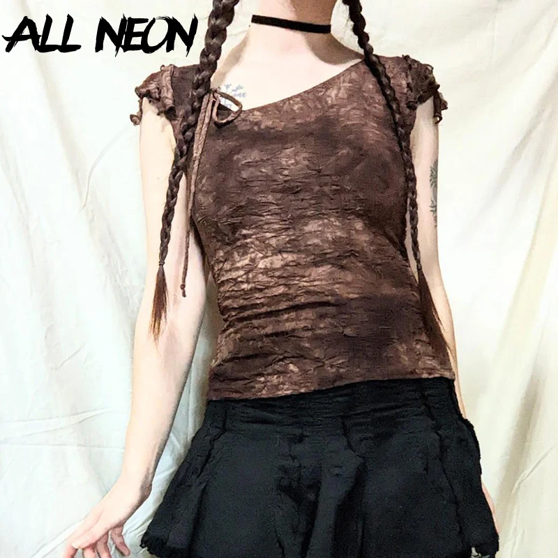 

ALLNeon 2000S Aesthetic Vintage Print Asymmetric Neck Short Sleeve T-Shirt Women Trim Lace-Up Tees Elegant Slim T-Shirts Y2K New
