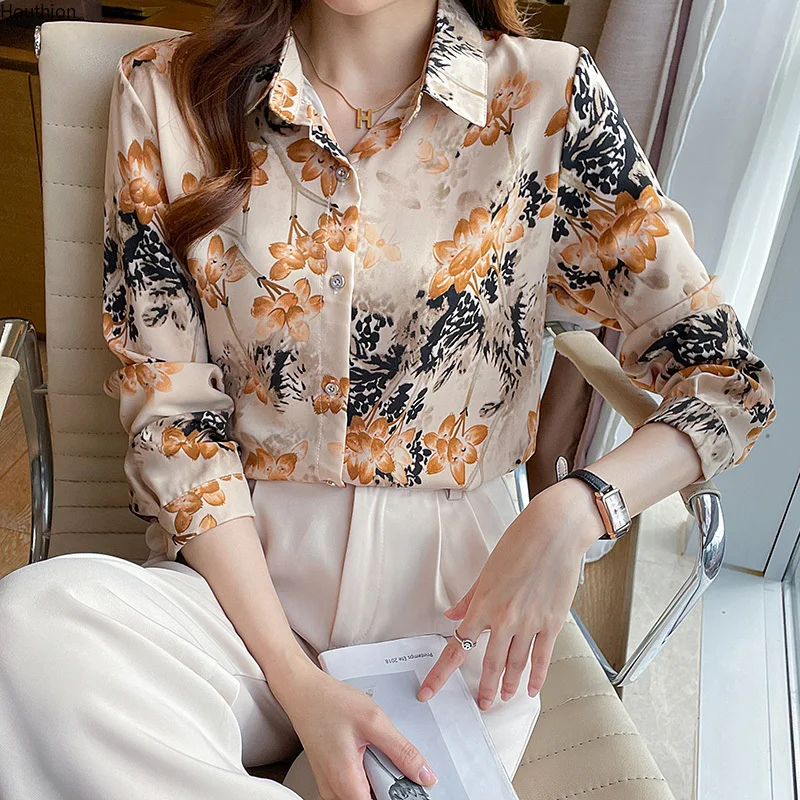 

Summer New Women's Blouse Polo Long Sleeve Splicing Shirt Printing Chiffon Top Casual Fashion Loose Clothing