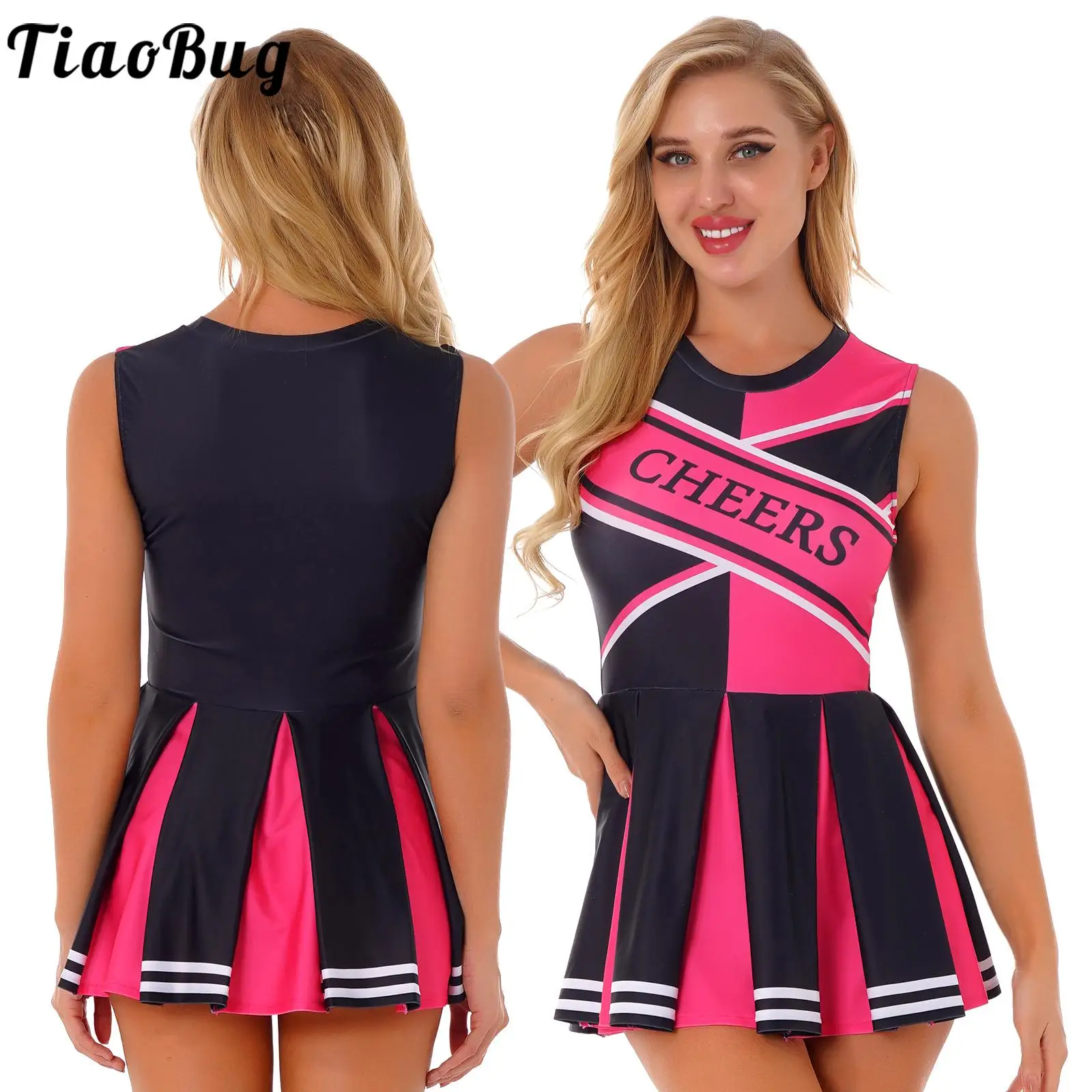 

Tiaobug Women Rose Red Letters Print Cheerleaders Sport Dress Colorblock Sleeveless Vests and Short Pleated Skirts Training Suit