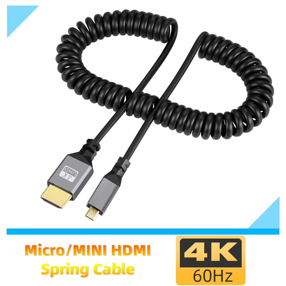 4K@60HZ Micro mini HDMI TO HDMI Coiled Extension Flexible Spiral Cable Male to Male Plug Cable