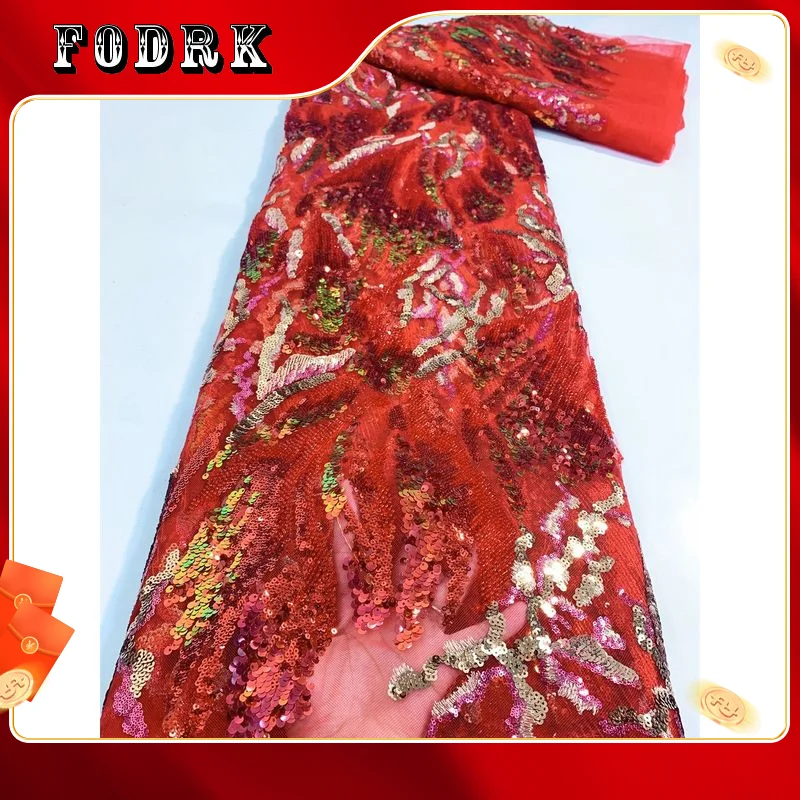

African Groom Sequins Lace Fabric High Quality 2023 Heavy Beads Embroidery French Tulle Lace Nigerian Wedding 5yards PL253-6