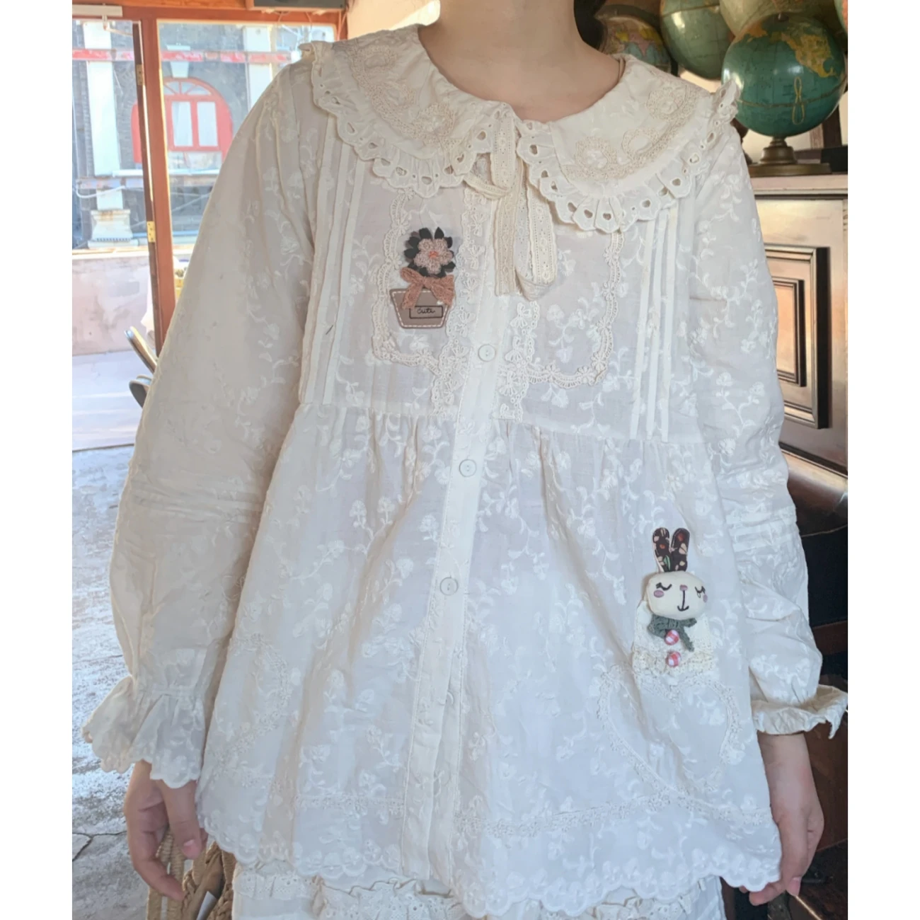 Женская шикарная милая хлопковая плиссированная кружевная рубашка в стиле ретро