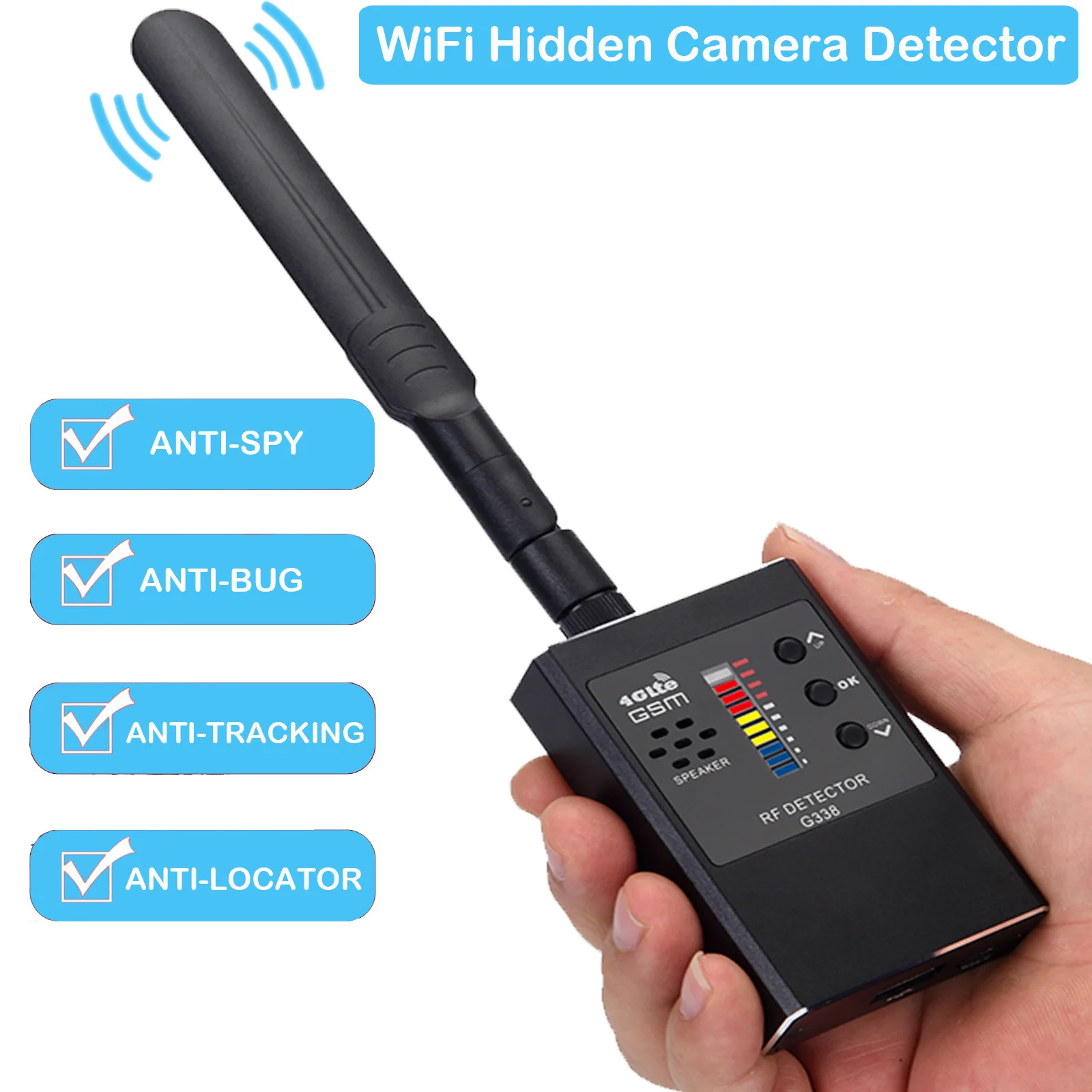 

G338Detector de cámara oculta antiespía, señal RF, lente de cámara inalámbrica, rastreador GPS, dispositivo GSM magnético, busca