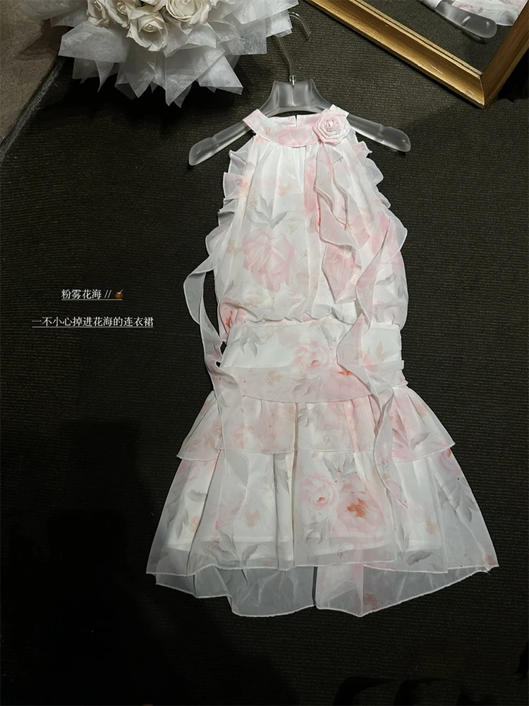 Женское винтажное платье-трапеция без рукавов розовое платье-мини с цветочным