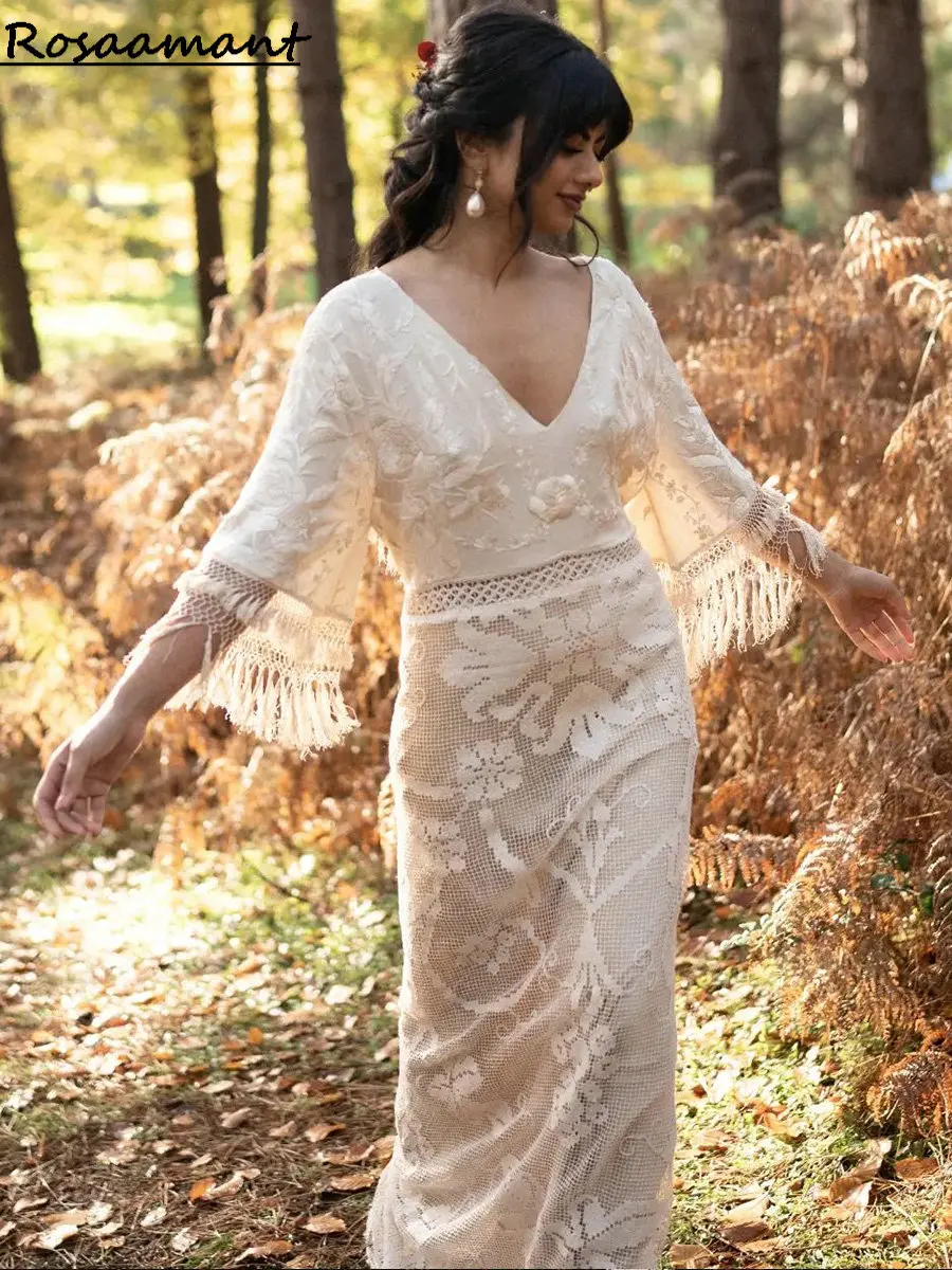 

Bohemian V-Neck Backless Tassel Mermaid Wedding Dresses Half Sleeve Appliques Lace Bridal Gowns