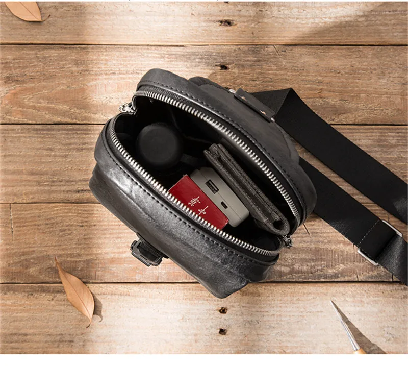 Fashion retro men's first layer cowhide black multi-pocket chest bag daily outdoor sports hot sale real leather messenger bag